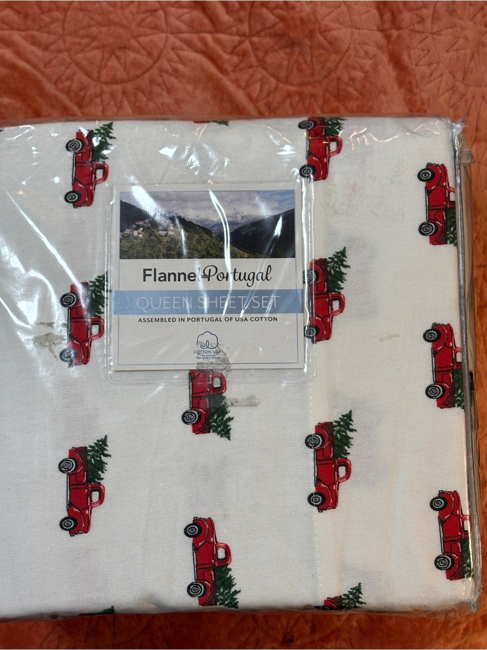 Flannel Portugal Queen Sheet Set Red Truck Christmas Cotton 4Pc